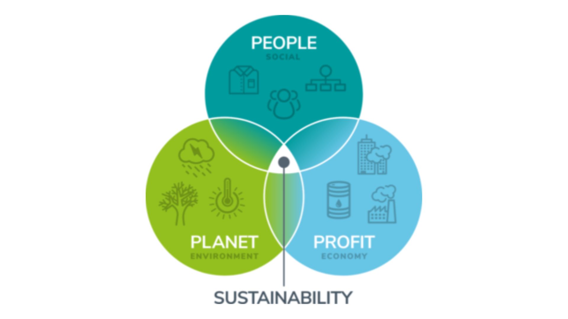 Illustration of three circles overlapping titled People, Planet and Profit, with the interlocking space between all being labelled Sustainability